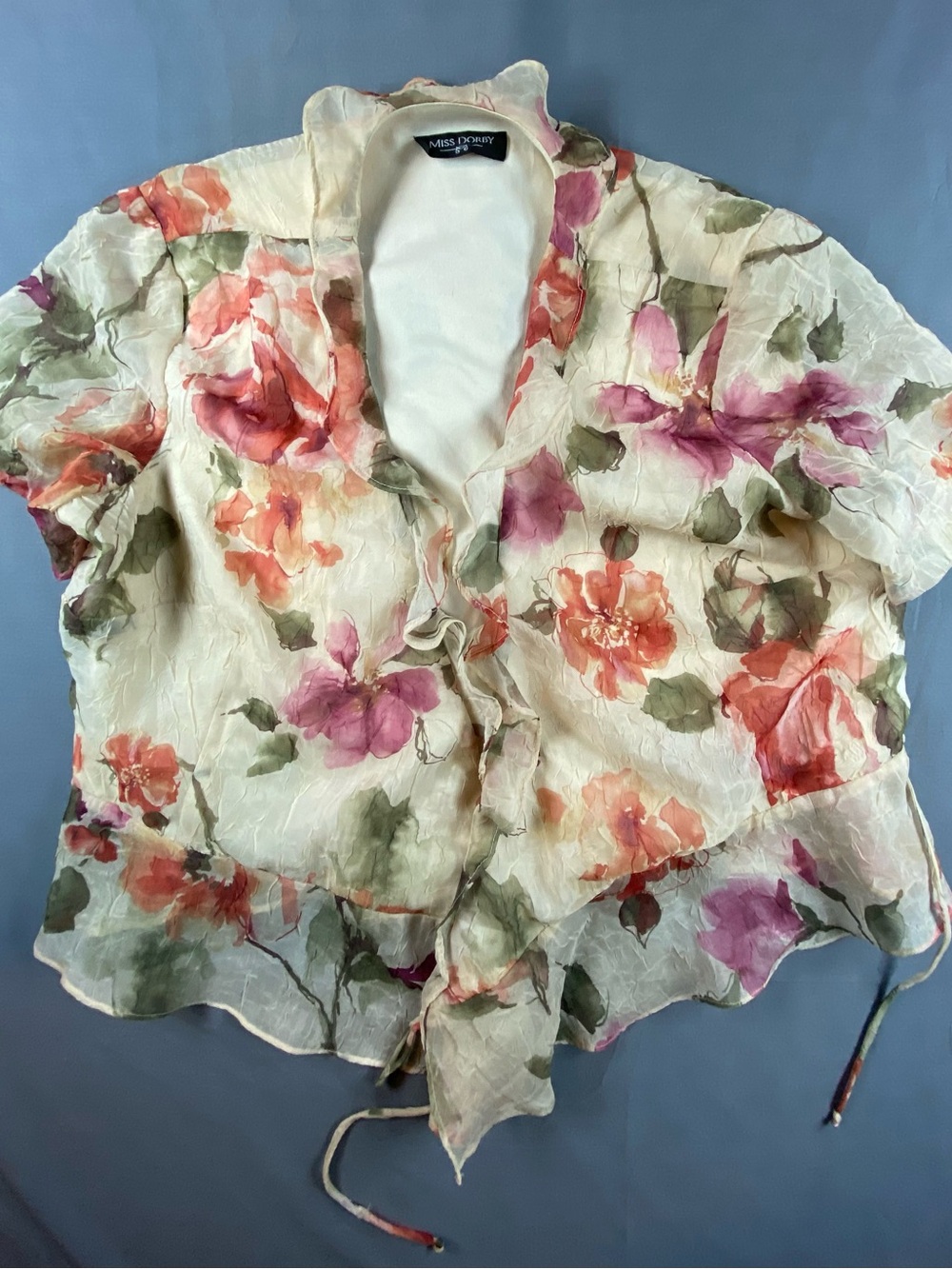Vintage Miss Dorby Cream Floral Ruffle Front Blouse